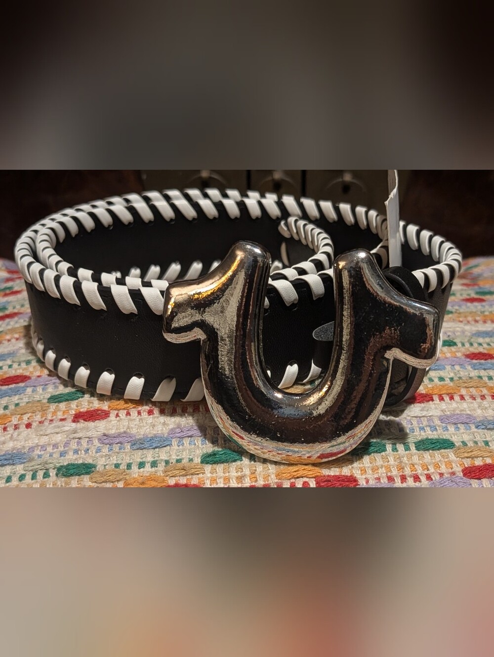 NWT True Religion Mens Size 35 Belt  Black Sage Heavy Silver Horseshoe Buckle